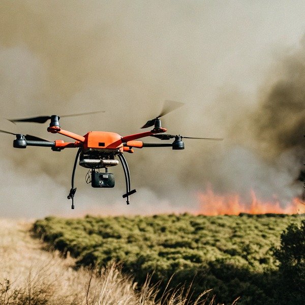 Orange drone flying over field with fire smoke (ID#1)