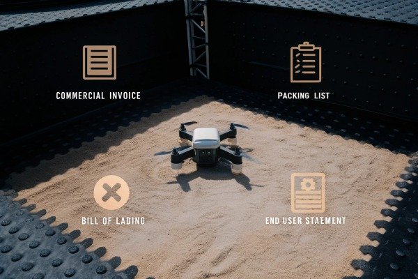 Drone on sand with shipping document icons (ID#4)