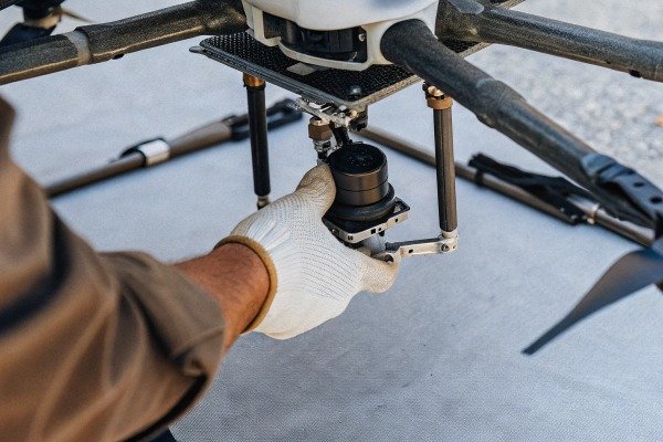 Technician adjusting drone camera part (ID#2)