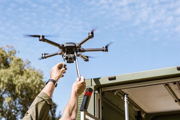 Person launching drone outdoors near vehicle (ID#4)