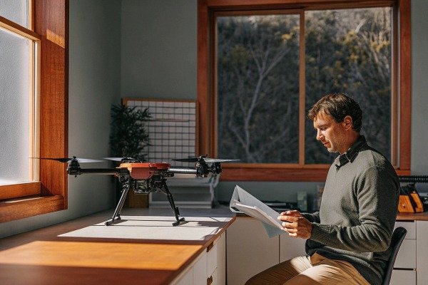 Man reading documents near drone indoors (ID#5)