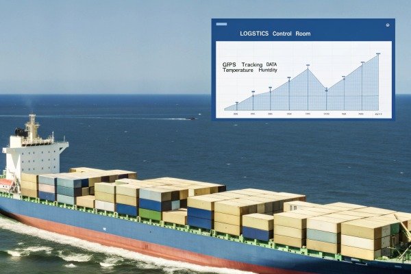 Large container ship at sea with a digital logistics tracking data overlay chart (ID#2)