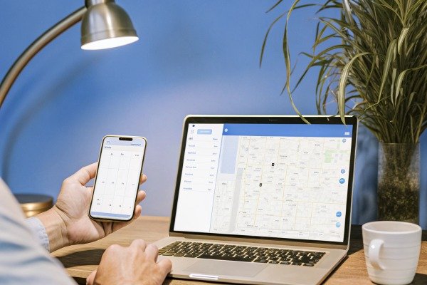 Person using a laptop and smartphone to monitor a digital map tracking system (ID#3)