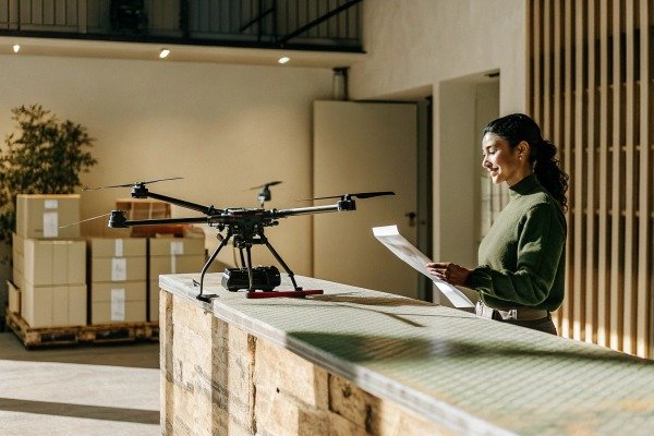 Logistics worker checking paperwork next to a drone on a warehouse counter (ID#5)