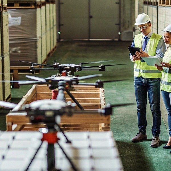 Warehouse workers in safety vests inspecting industrial drones in a storage facility (ID#1)
