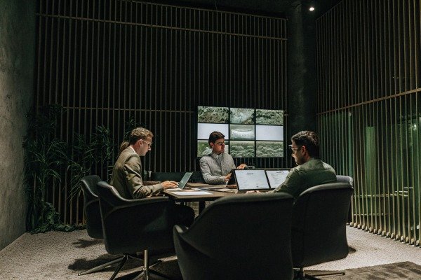 Team of professionals analyzing drone surveillance footage in a modern dark conference room (ID#5)