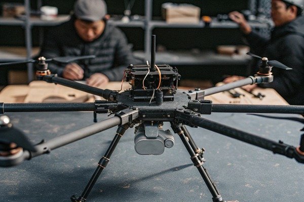 Close-up of industrial drone assembly and maintenance in a professional workshop (ID#2)