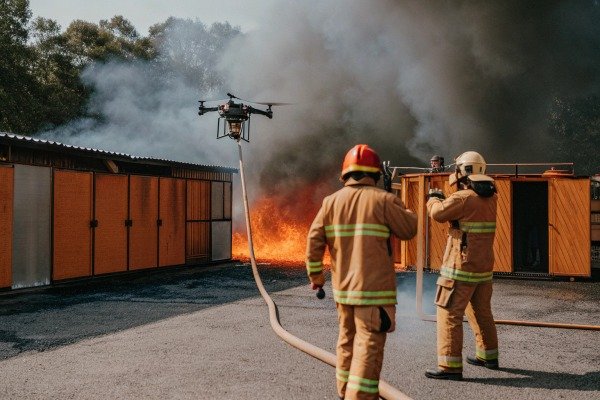 Firefighters monitoring a specialized drone assisting with fire suppression efforts (ID#3)