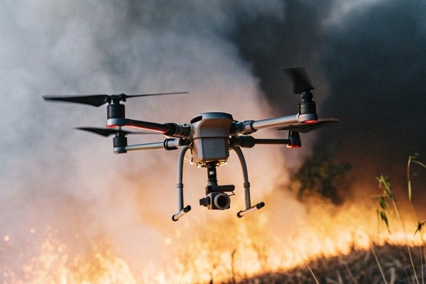 Professional drone flying through thick smoke and fire for emergency surveillance (ID#4)