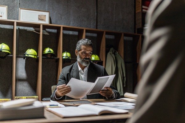 Professional man reviewing fire safety reports in an office with helmets (ID#4)