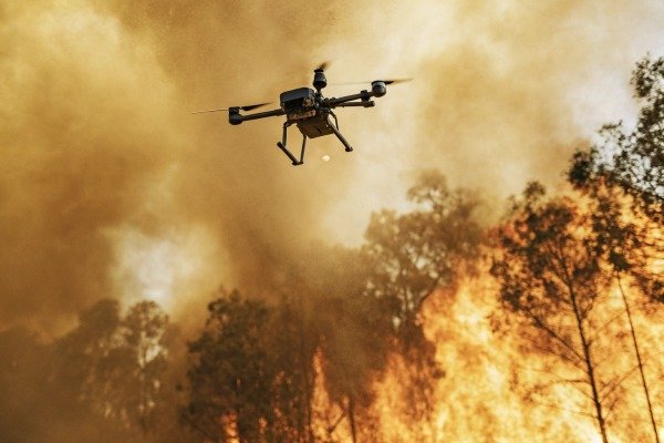 Surveillance drone navigating through thick smoke and intense forest fire flames (ID#5)