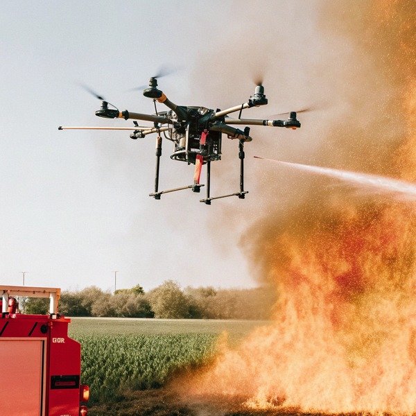 Firefighting drone spraying water on a field fire near a fire truck (ID#1)