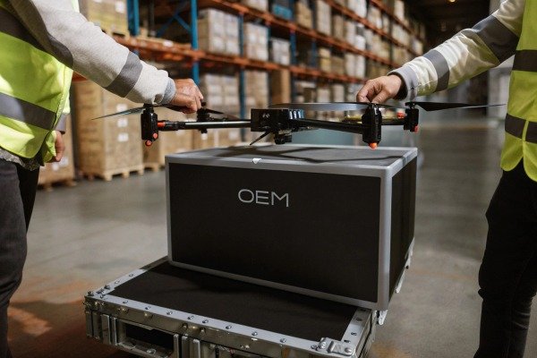 Warehouse workers preparing a large industrial drone for shipping on an OEM box (ID#5)