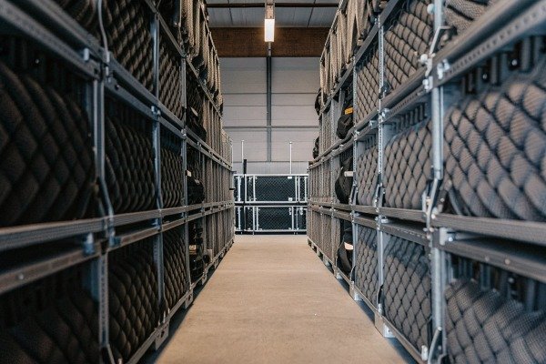 Organized warehouse aisle with shelves containing specialized drone equipment and protective storage cases (ID#3)