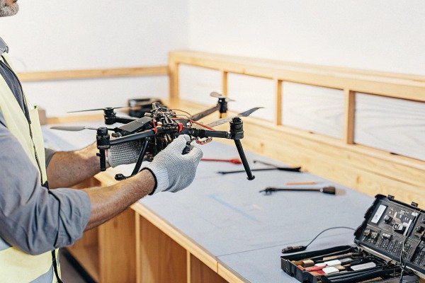 Technician wearing gloves performing maintenance and repairs on a complex industrial drone system (ID#5)