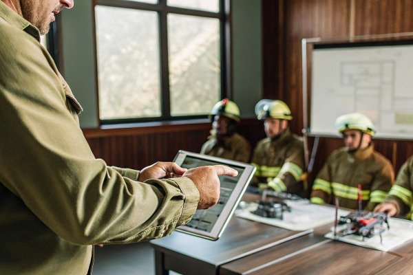 An instructor using a tablet to train firefighters on drone operations in a classroom (ID#2)