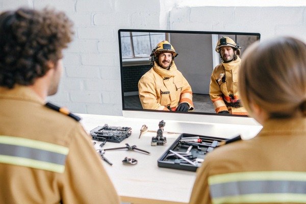 Personnel watching a remote video conference with firefighters on a large computer screen (ID#4)