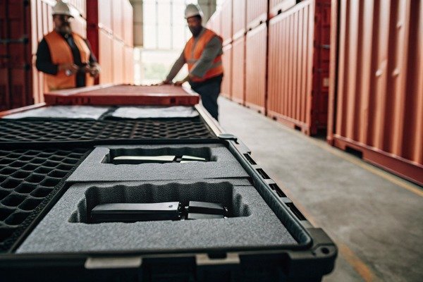 Professional drone equipment stored in a protective foam case within a shipping container warehouse (ID#5)