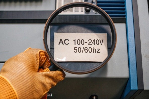 Magnifying glass inspecting electrical voltage specifications on a power label (ID#3)