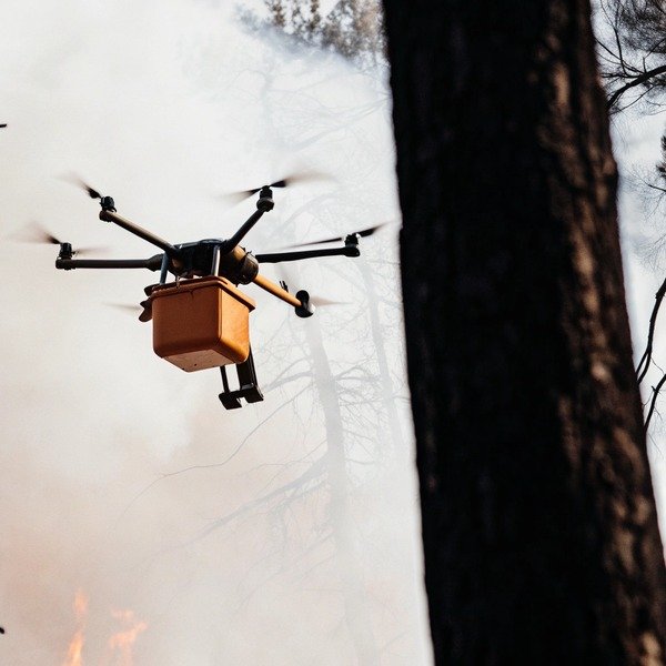 Drone flying near tree in smoky forest (ID#1)