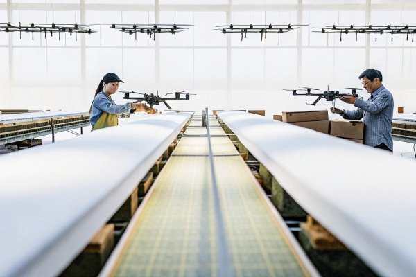 Two people aiming drones indoors factory (ID#3)