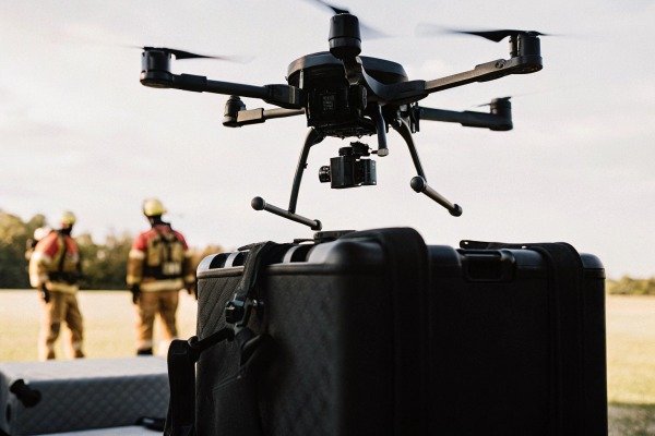 Drone hovering over black case with firefighters (ID#5)