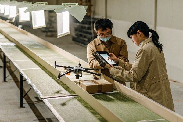 Quality control team inspecting a drone on a production line using a digital tablet (ID#5)