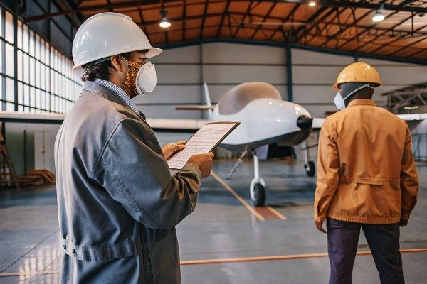 Aviation technicians inspecting a small aircraft inside a large hangar facility (ID#2)