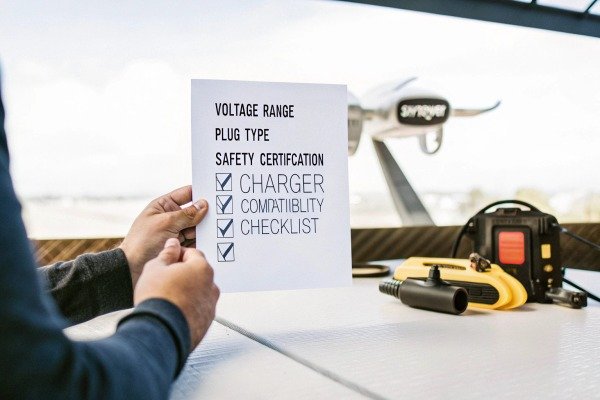 Person holding a drone charger compatibility checklist with safety certification items (ID#3)