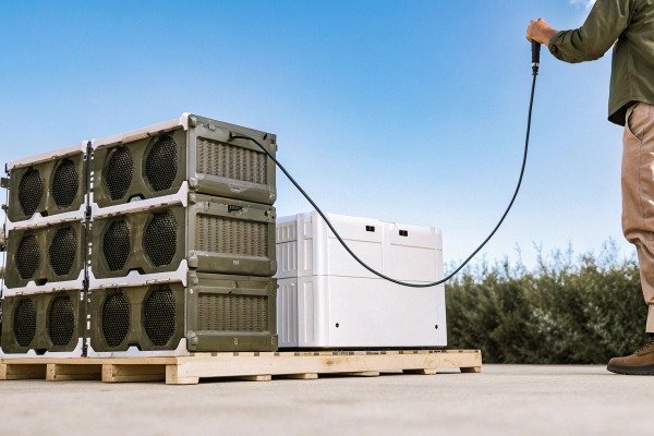 Technician connecting a power cable to a stack of industrial battery modules outdoors (ID#2)