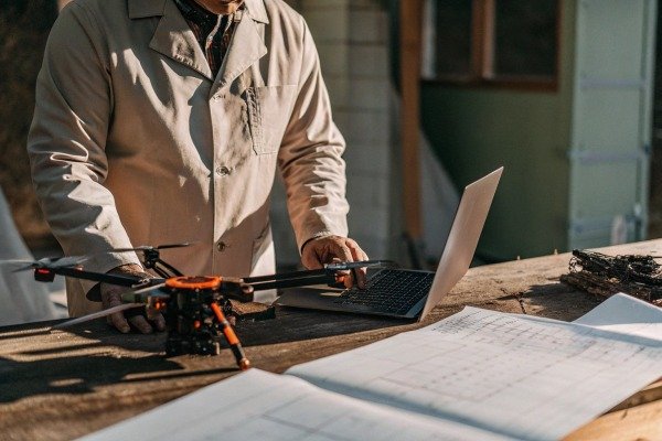 Engineer using a laptop to program a drone next to technical blueprints (ID#3)
