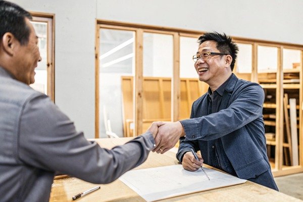 Two professional men shaking hands over a desk with architectural plans (ID#3)