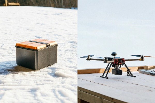 Industrial drone on a platform and a black equipment box in the snow (ID#4)