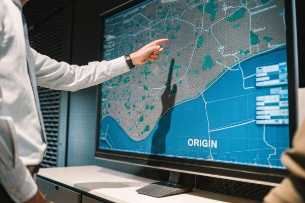 Person pointing at a digital map screen displaying origin logistics and geographic data (ID#2)