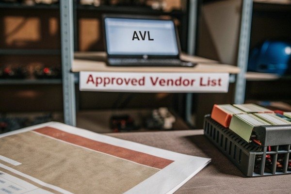 Laptop showing AVL on screen above an Approved Vendor List sign in a warehouse (ID#3)