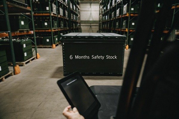 Large storage container labeled six months safety stock inside a high-density industrial warehouse (ID#4)