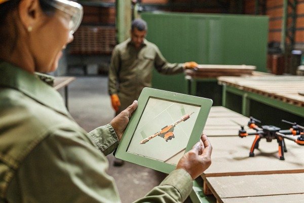 Drone pilot using a tablet to monitor live flight data and footage (ID#4)
