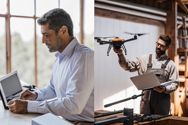 Technician repairing a drone motor and propellers on a clean workbench (ID#5)