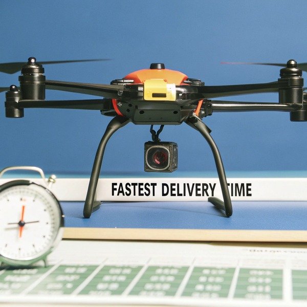 Professionelle Drohne fliegt über eine malerische Landschaft für Luftaufnahmen (ID#1)