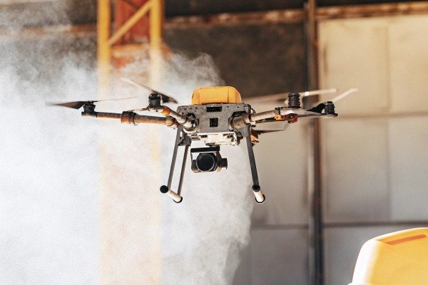 Aerial view captured by a drone showing a modern city skyline (ID#3)