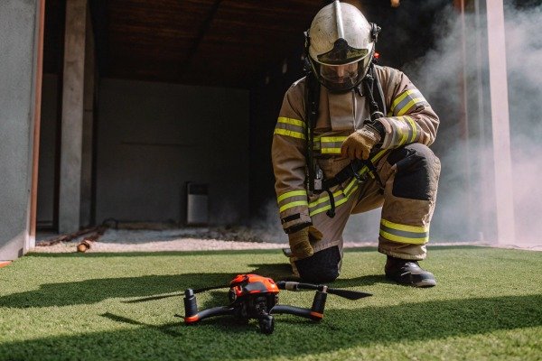 Drone-piloot bedient een quadcopter in een open veld tijdens zonsondergang (ID#4)