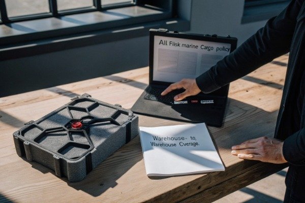 Warehouse loaded firefighting drones with cargo insurance documents (ID#1)