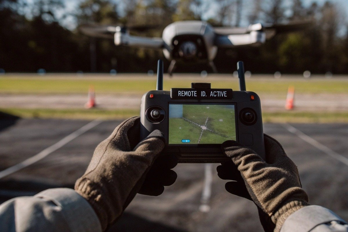 FAA Remote ID Compliance Firefighting drone complying with FAA Remote ID standards for emergency operations in US airspace (ID#4)