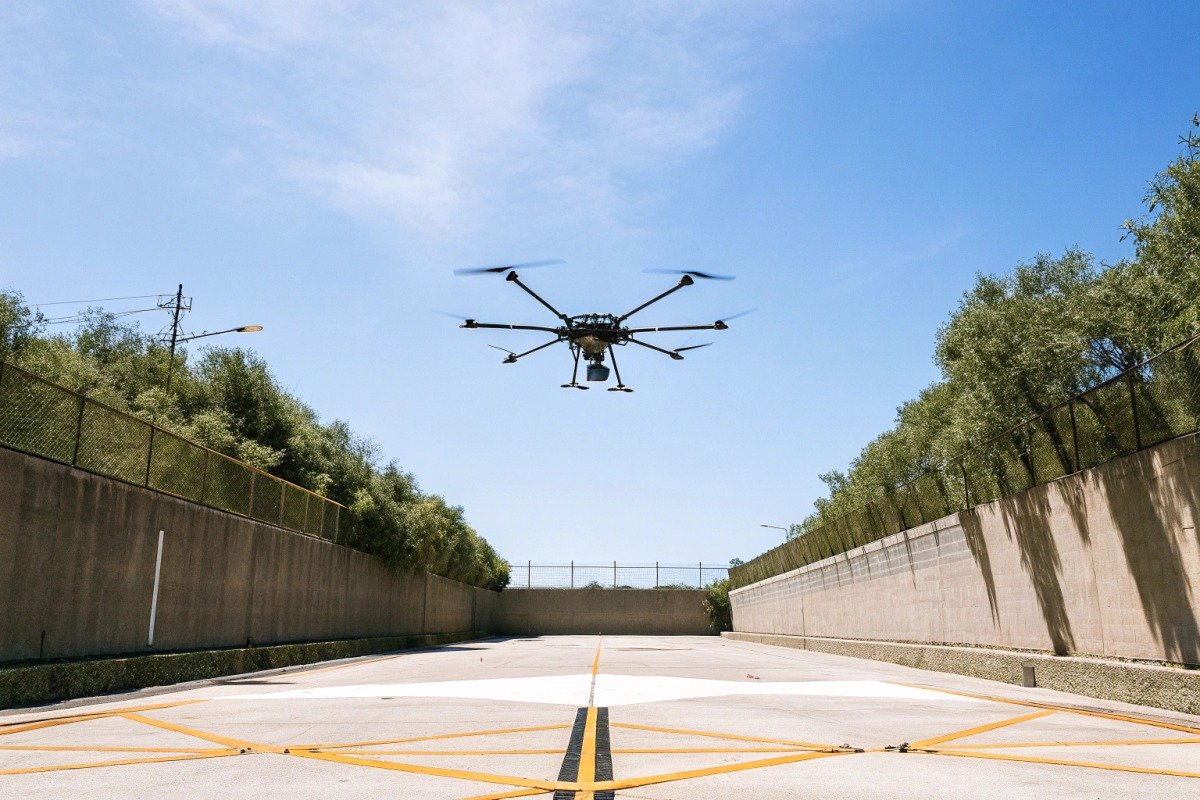 Physical space and vertical clearance requirements for safe industrial firefighting drone takeoff (ID#2)