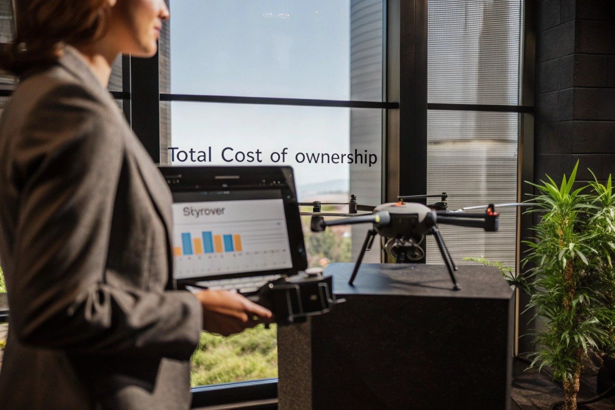 Professional firefighting drone used for calculating total lifecycle maintenance costs during procurement. (ID#1)