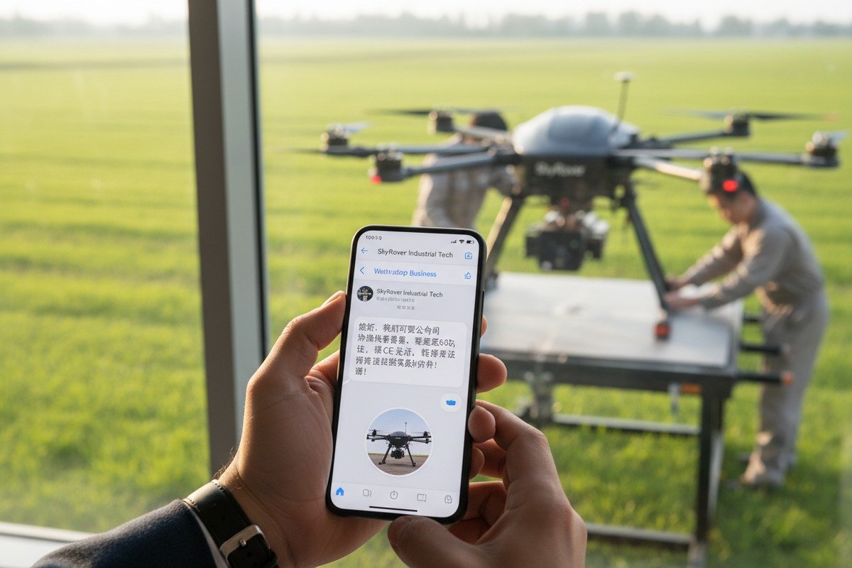 Starting a professional WhatsApp inquiry for firefighting drones with Chinese supplier requirements (ID#2)