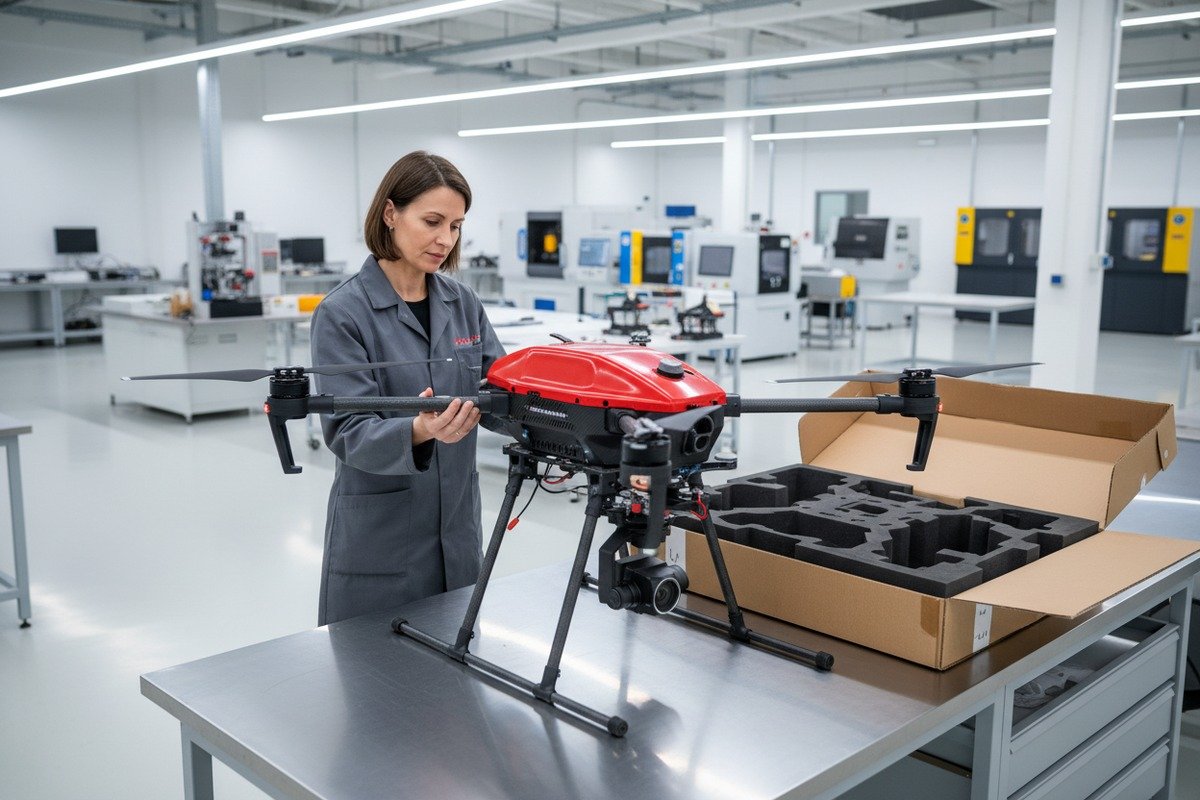 Professional firefighting drone packaging verification for safe sourcing and transport (ID#1)