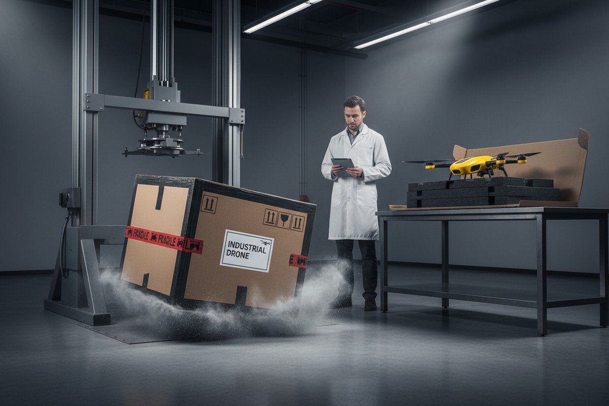 Firefighting drone in protective packaging undergoing ASTM D5276 free-fall drop testing (ID#2)