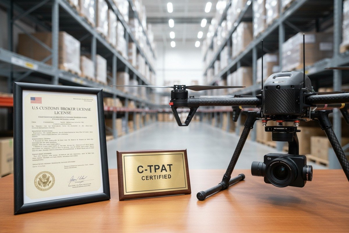 Licensed US customs broker checking certifications for hazardous materials and drone battery imports (ID#2)