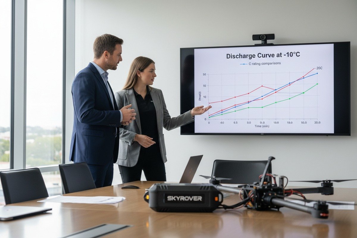 Technical discharge specifications for cold-weather reliability including C-rating and internal resistance values (ID#3)